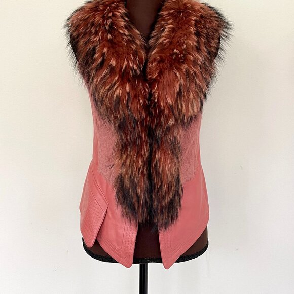 NWOT Pink Leather Vest Real Fox Fur XS size - Picture 11 of 16